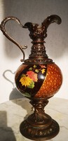 Antik Rendkívül különleges jelenetes kerámia betétes festett Zsolnay Fischer jellegű Páva virágok