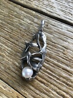 Old handcrafted silver pendant with real pearl