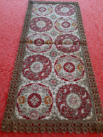 ﻿Old tapestry runner, with antique metal fiber wide border, perfect size: 28.5 x 63 cm