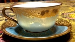 ANTIK  KÉZIFESTETT türkiz és arany csodaszép PORCELÁN   CSÉSZE és ALJA -  1914 -ből