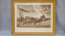 Colored etching by István Benyovszky on horseback