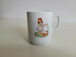 Régi Zsolnay porcelán bögre mese mintás teás csésze babázó kislány bölcső motívum