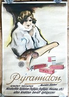 Eredeti PYRAMIDON gyógyszer reklám plakát, patikai gyógyszertári reklám 1920-30 körüli