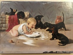 Tacskó kiskutyák festményen