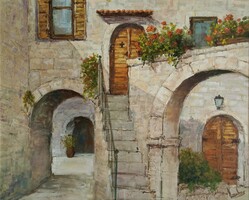 Lantos György "Mediterrán udvar II." festmény keret nélkül, ingyen postával (keretezése megoldható)