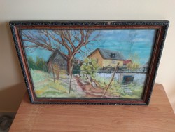 Szép falu/tanyarészlet festmény (Somogyi Béla?) 1956-ból  52x37 cm kerettel