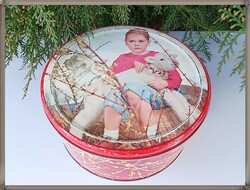 A large Easter retro biscuit metal box with a pattern with a little girl lamb, used but in good condition