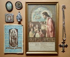 7db vintage vallási egyházi utazó oltár ikon kereszt feszület Jézus Krisztus Szűz Mária Elsőáldozási