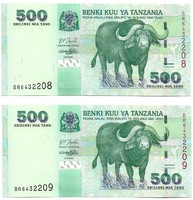 2 x 500 shilingi 2003 Tanzánia UNC Sorszámkövető
