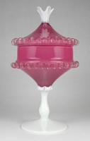 1M342 Antik nagyméretű rózsaszín fújt üveg talpas bonbonier 27 cm