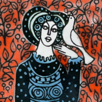 Vén Edit - Nő galambbal (zománcfestett falikép)