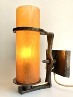 Lehoczky János iparművészeti üvegbúrás kovácsoltvas fali lámpa / falikar