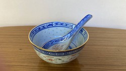 Kínai vitrin rizses tál porcelán tálka kanállal