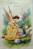 Antik dombornyomott Húsvéti üdvözlő litho képeslap angyal bárányok tojás barka