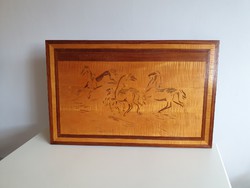 Retro old large size 81.5 cm marquetry horses equestrian wall picture wooden wall decoration