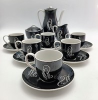 Royal szálloda monogramos hollóházi mokka készlet kanna, kiöntő, cukortartó, csészékkel,1948-55