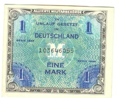 1 márka 1944 Német 9 jegyű sorszám katonai bankjegy 1. hajtatlan