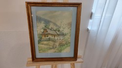 (K) Szignózott tanyasi/falusi életkép akvarell festmény 40x50 cm kerettel