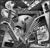 M. C. Escher grafika: Relativitás REPRINT nyomat, lépcsők térjáték illúzió 3d fekete fehér kép