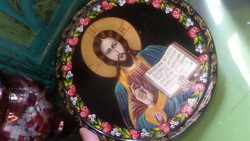 19.5 cm, hand-painted, I think Russian, wooden decorative plate, like an icon, with a beautiful holy picture.