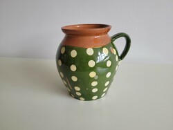 Régi vintage pöttyös zöld mázas népi cserépedény fazék edény füles korsó csupor cserépkorsó