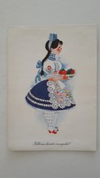 Retro húsvéti képeslap 1986 régi rajzos levelezőlap lány népviseletben