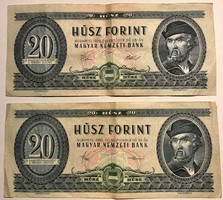 2 db 20 forintos bankjegy jó állapotban - 1975 és 1980
