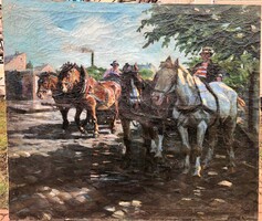 190x220 cm. Viski János festmény / Fuvarosok.