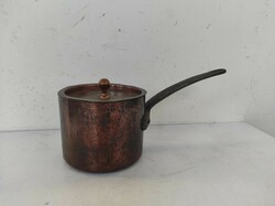 Antique kitchen red copper footed thick tinned pot with lid and iron handle 740 6898