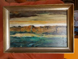 Sziklás tengerpart, festmény, olaj, karton, 36x56 cm+ keret