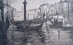 Venice, gondolas on the grand canal (43x31 cm) signed etching 1932