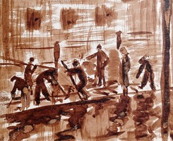 Railway workers - marked walnut painting (15x13 cm)