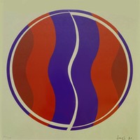 Fajó János: Körkompozició szitanyomat (vörös, kék) 1971, 57/100, lap:40x40 cm, minta kb 21x21cm