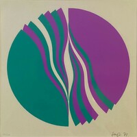Fajó János: Körkompozició szitanyomat (zöld, lila) 1971, 26/100, lap:40x40 cm, minta kb 21x21cm