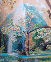 Fountain in the park - fun spring watercolor (30x35 cm)