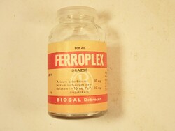 Régi retro Ferroplex drazsé üveg palack Biogal Gyógyszergyár Debrecen - 1980-as évek