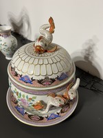 Herendi porcelán halfogós bólés kínáló, tállal Shanghai dekorral,pecsétes jelzéssel