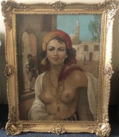 Antik Tornai szignózott keleti erotikus orientalista olaj-vászon festmény 80x60+k