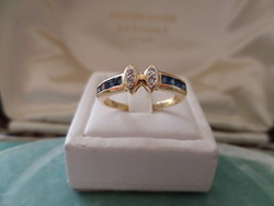 18K arany gyűrű valódi kék zafírokkal és apró brillekkel