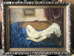 Antique Mária in the field signed erotic oil on canvas art deco nude painting 70x100+k