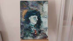 (K) Remek absztrakt szürrealista portré festmény 50x70 cm