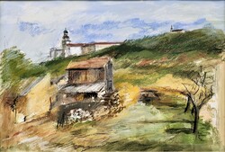 Forster Jakab (1946 - ) Pannonhalma Falusi Udvar c festménye 77x57cm Eredeti Garanciával!