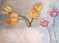 Watercolor floral still life with a landscape on the back (32x24 cm)