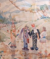 Zsellér L. Nándor 1948 - miniatűr mesebeli jelenet, színes ceruzarajz (21x24 cm)