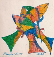 Halak - jelzett színes tollrajz - 1973 - miniatűr (10x11 cm)