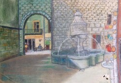 Fountain - pastel street scene 1982 - Bakóczay (36x25 cm)