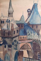 Vajdahunyad vára - akvarell, jelzett, 1953 (30x21 cm) épület, utcakép