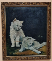 KIÁRÚSÍTÁS!     Antik macskás festmény  / 34,5× 39,5 cm