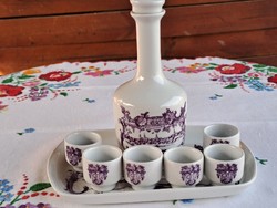 Retro Alföldi porcelán pálinkás készlet lila Hódmezővásárhely dekorral