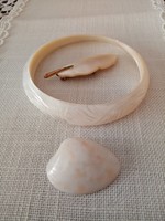 White engraved mother of pearl bracelet / bangle and brooch / pin